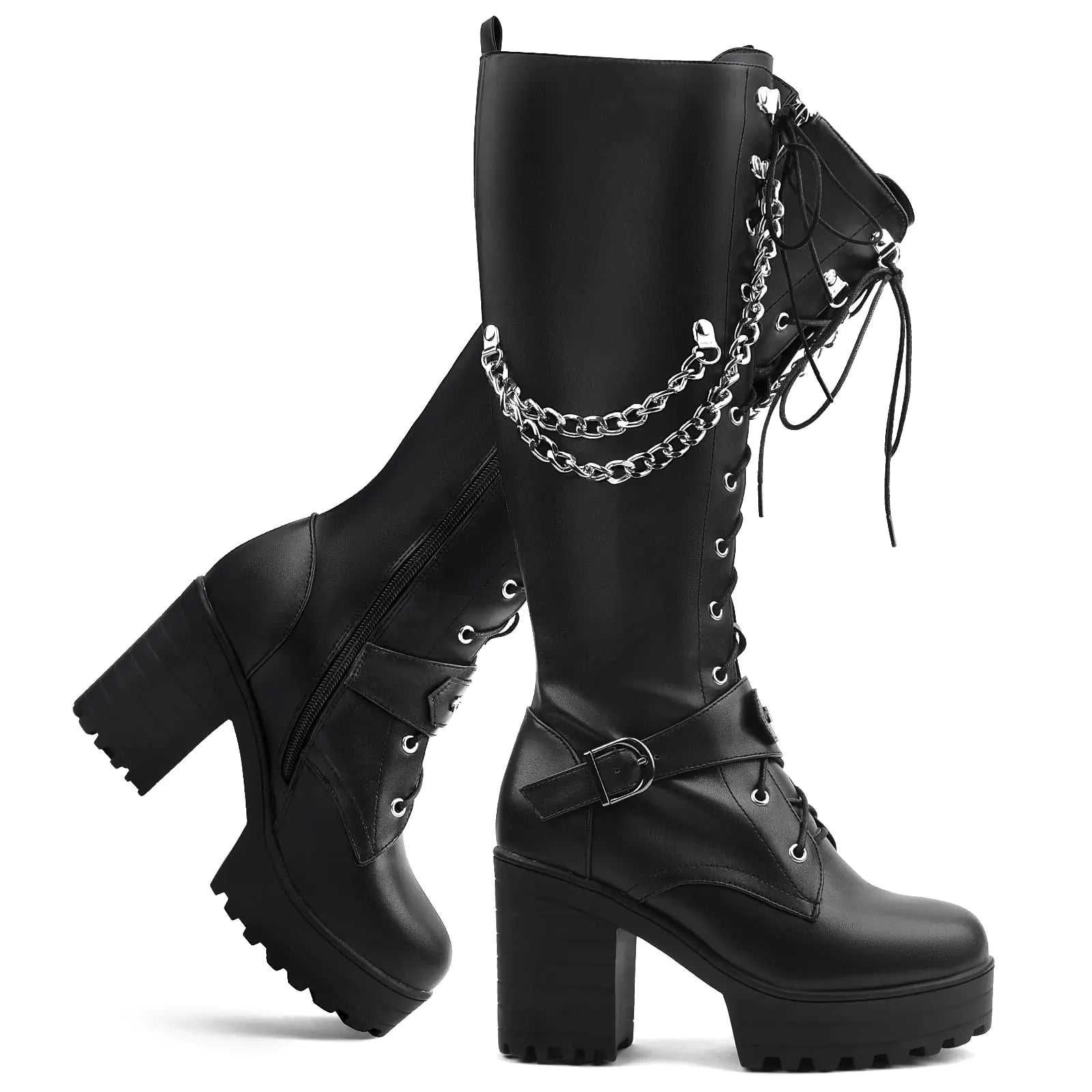 SeiteHuud Women Fashion Platform Knee High Boots Block Heels Long Boots Lace Up Winter Shoes High Heel Gothic Long Boots with Chain Black Size 44 - CHRISTOPHER RICHARDSON LIFESTYLE BOUTIQUE