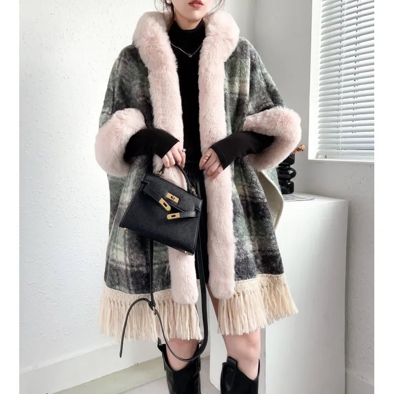 Plaid Printed Poncho With Fur Collar - CHRISTOPHER RICHARDSON LIFESTYLE BOUTIQUE