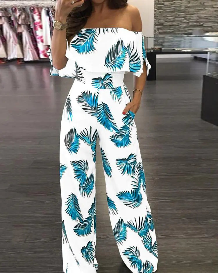 Floral Off-Shoulder Ruffled Loose Jumpsuit