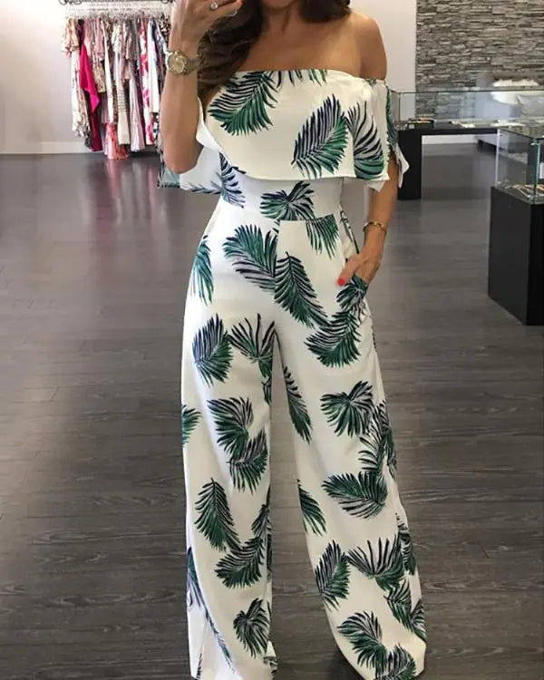 Floral Off-Shoulder Ruffled Loose Jumpsuit