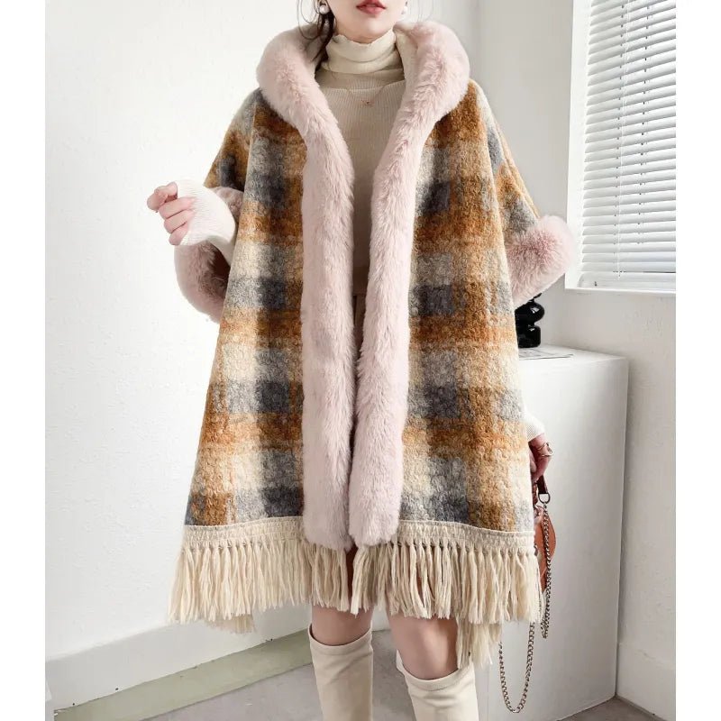Plaid Printed Poncho With Fur Collar - CHRISTOPHER RICHARDSON LIFESTYLE BOUTIQUE