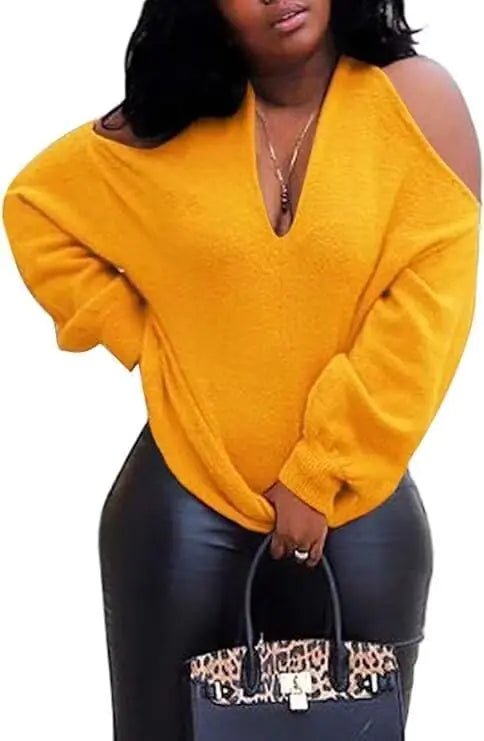 KOOBETON Womens Long Sleeve Skeleton Knit Pullover Multi Direction Sexy Backless Collarless Cold Shoulder Sweater Yellow M