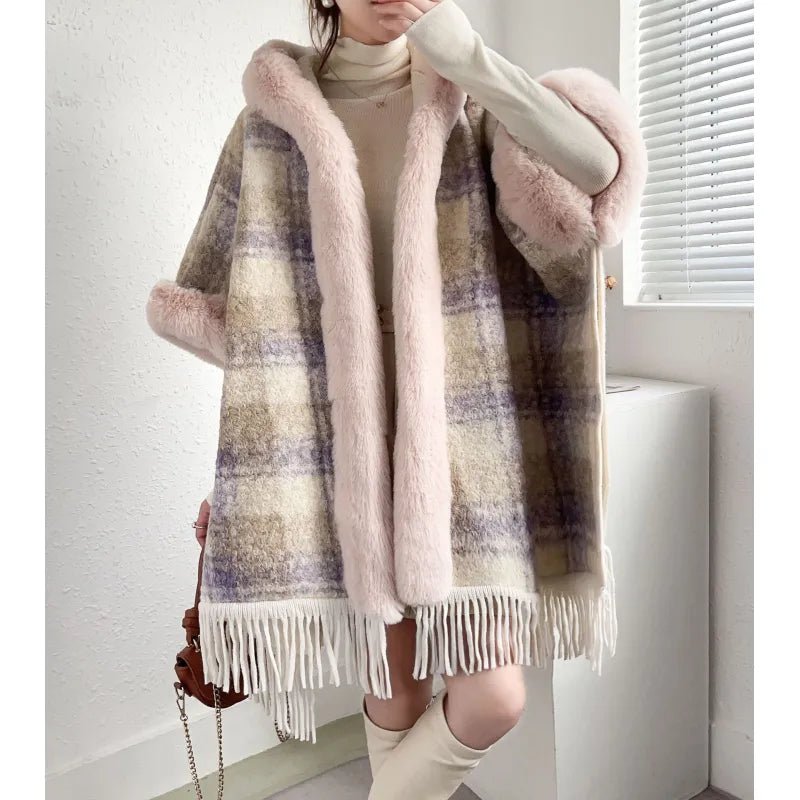 Plaid Printed Poncho With Fur Collar - CHRISTOPHER RICHARDSON LIFESTYLE BOUTIQUE
