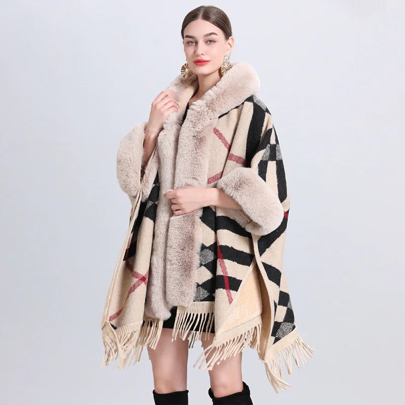 Fur Collar Knitted Poncho with Hoodie - CHRISTOPHER RICHARDSON LIFESTYLE BOUTIQUE