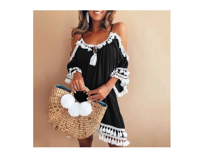 Fringe Neckline Solid Color Off-Shoulder Dress