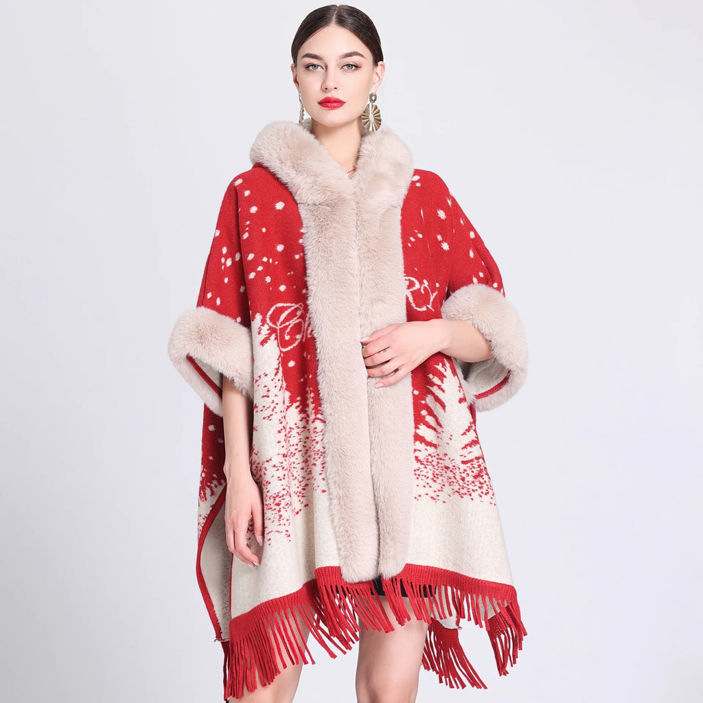 Fur Collar Knitted Poncho with Hoodie - CHRISTOPHER RICHARDSON LIFESTYLE BOUTIQUE